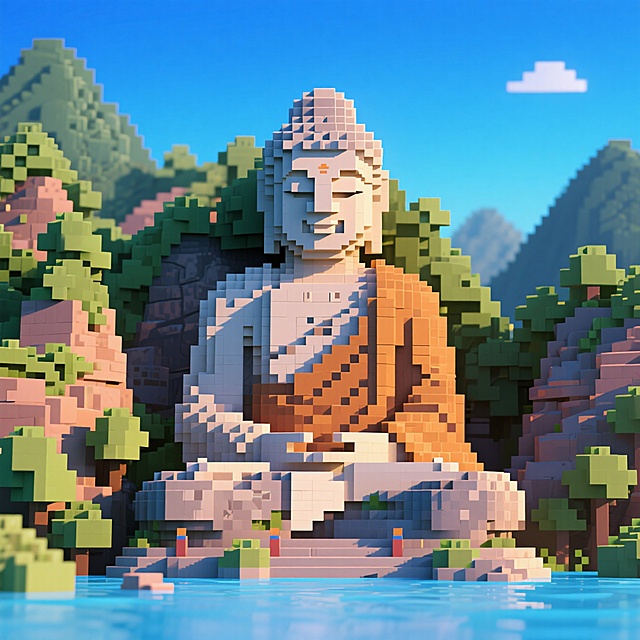 乐山大佛，创意3D像素元素