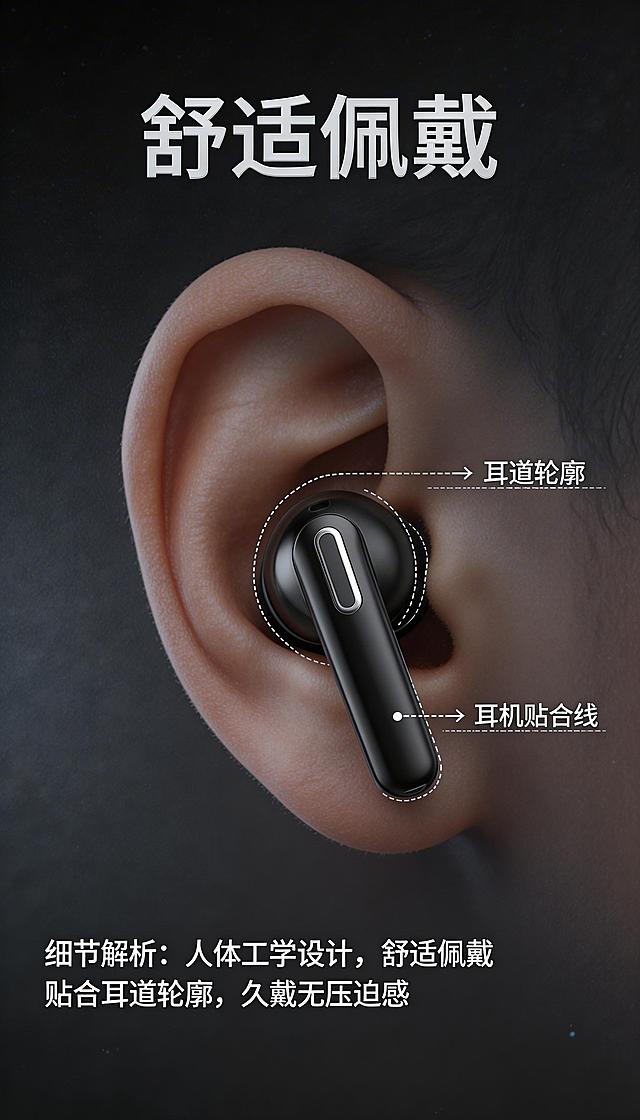 【选定风格：科技未来风】，电商详情竖版，蓝牙耳机佩戴在耳道的效果 1:1 还原，细节 / 颜色 / 比例精准，主色亮面黑 (#1A1A1A) 不准改，辅色深空灰 (#333333)、点缀色银色 (#C8C8C8) 只配氛围，全页统一冷调科技光影 / 暗调冷色系 / 思源黑体 / 科技磨砂质感，不割裂、不跳变，高级质感，8K 高清，手机端适配，本屏卖点「舒适佩戴」做视觉焦点，人体工学轮廓线条标注强化，文案：细节解析：人体工学设计，舒适佩戴 贴合耳道轮廓，久戴无压迫感，字体统一思源黑体，不挡产品，简洁高级。畸变、模糊、变形、拉伸、比例失调、细节缺失，改主色、色彩杂乱、廉价感、场景粗糙，文字乱码、低清、杂物多、卖点弱、视觉平，横版、风格割裂、色调跳变、光影乱、字体乱、断层