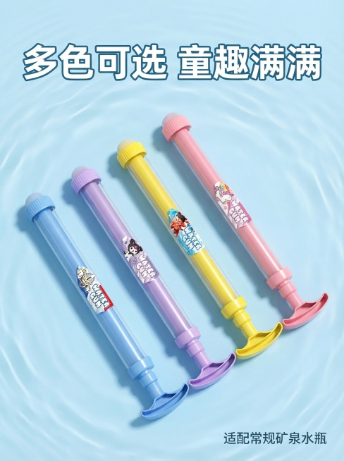 [主图5 SKU展示] 烟花水枪全色系展示，保持全套主图一致的清新夏日风格。将蓝、紫、黄、粉四种颜色的烟花水枪整齐排列成斜向阵列，背景为干净浅蓝色渐变，水波纹低饱和度底纹。主标题 "多色可选 童趣满满预览效果
