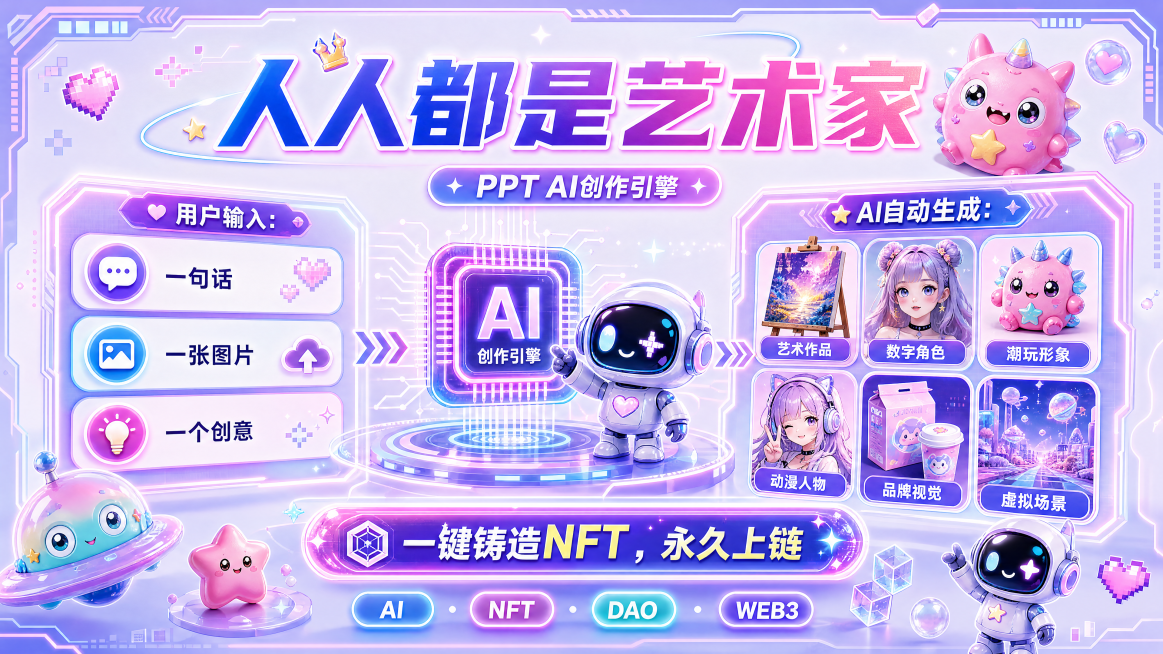 PPT AI创作引擎页面，大标题“人人都是艺术家”，正文说明“用户输入：一句话 一张图片 一个创意，AI自动生成：艺术作品 数字角色 潮玩形象 动漫人物 品牌视觉 虚拟场景，一键铸造NFT，永久上链”预览效果
