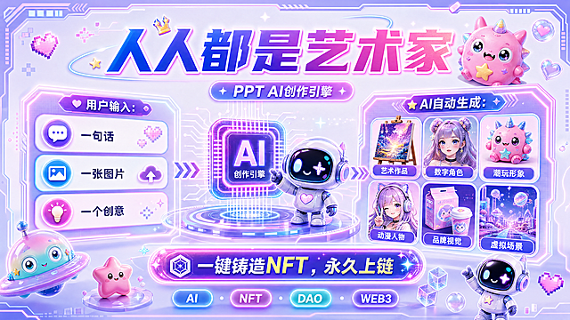 PPT AI创作引擎页面，大标题“人人都是艺术家”，正文说明“用户输入：一句话 一张图片 一个创意，AI自动生成：艺术作品 数字角色 潮玩形象 动漫人物 品牌视觉 虚拟场景，一键铸造NFT，永久上链”，保持Y2K甜酷Kawaii粉紫蓝霓虹风格，和参考图统一设计
