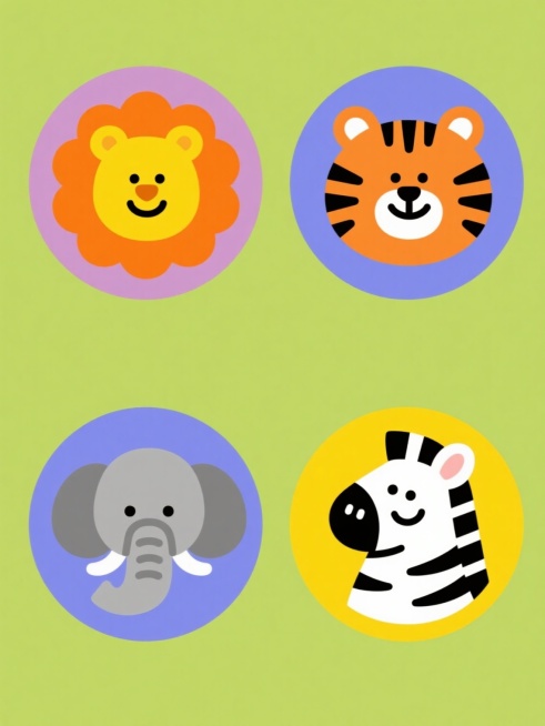 一套四个卡通动物头像的系列插画，每个动物都采用相同的可爱扁平风格，圆形构图，纯色背景，粗线条勾勒，无渐变无阴影，色彩鲜明饱满。第一个是黄色狮子，有着橙色鬃毛和微笑表情；第二个是橙色老虎，有着黑色条纹和微笑表情；第三个是灰色大象，有着白色象牙和微笑表情；第四个是黑白条纹斑马，有着白色肚皮和微笑表情。四个动物头像规整地排列在一个画面中，每个头像独立在各自的纯色背景上，整体形成一个和谐统一的系列素材……预览效果