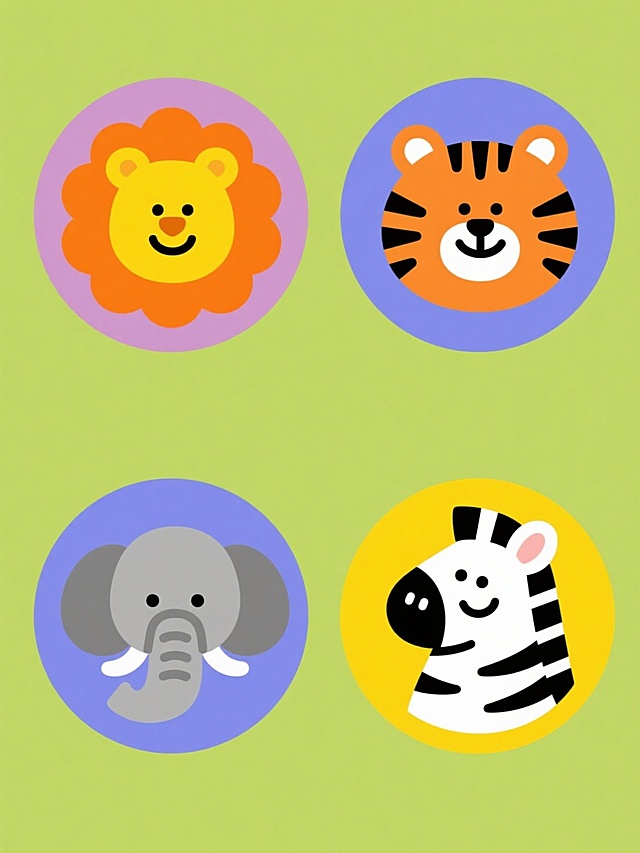 一套四个卡通动物头像的系列插画，每个动物都采用相同的可爱扁平风格，圆形构图，纯色背景，粗线条勾勒，无渐变无阴影，色彩鲜明饱满。第一个是黄色狮子，有着橙色鬃毛和微笑表情；第二个是橙色老虎，有着黑色条纹和微笑表情；第三个是灰色大象，有着白色象牙和微笑表情；第四个是黑白条纹斑马，有着白色肚皮和微笑表情。四个动物头像规整地排列在一个画面中，每个头像独立在各自的纯色背景上，整体形成一个和谐统一的系列素材集合。