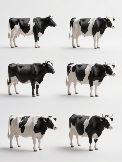 白色背景上，六个完全不同元素内容的奶牛类目系列素材集合规整排布，每个元素均采用超写实3D渲染风格，呈现出细腻的奶牛皮肤纹理、真实的黑白毛色渐变与光泽感，光影效果柔和自然，高光与阴影过渡细腻，奶牛形态结构准确生动，细节丰富，整体视觉统一且每个元素各具特色，构图均衡协调。预览效果