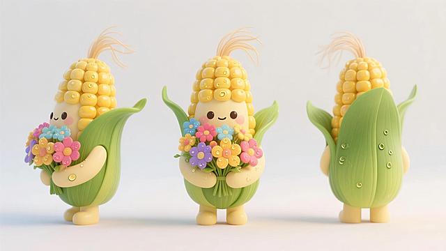 一个玉米，抱着一束花