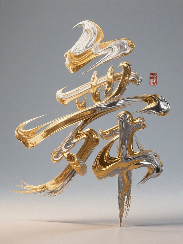 书法手写字体“舞”，古风韵味，立体饱满的笔画，笔画间立体穿插，油画和丙烯混合颜料质感，流动金和金属银笔触，笔画拉丝纹理，C4D渲染