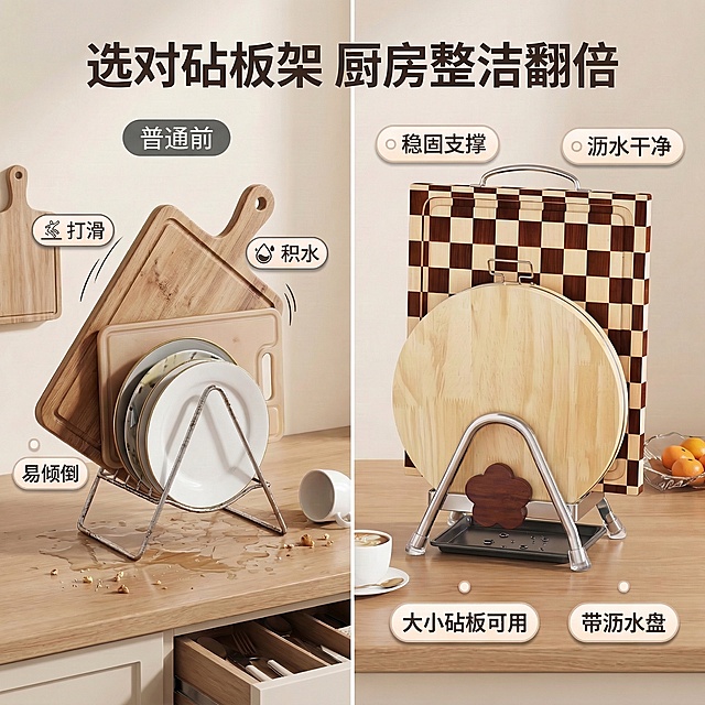 保持内容不变，右侧砧板架4个脚的防滑垫帮我改成透明的，其他保持不变