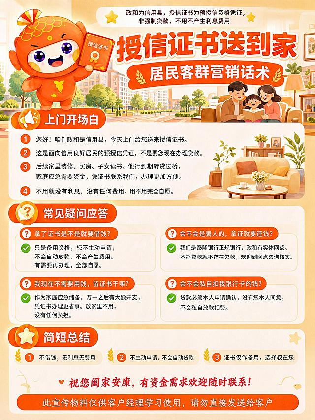 基于这张居民客群营销话术海报，将底部的“此宣传物料仅供客户经理学习使用，请勿直接发送给客户”这句话移动到海报最底部（祝福语下方），并放入一个橙色圆角矩形框内，橙色框的样式、颜色、圆角、白色文字风格与农户版海报底部的橙色框完全一致，文字居中显示，整体协调美观。其他内容均不改动。