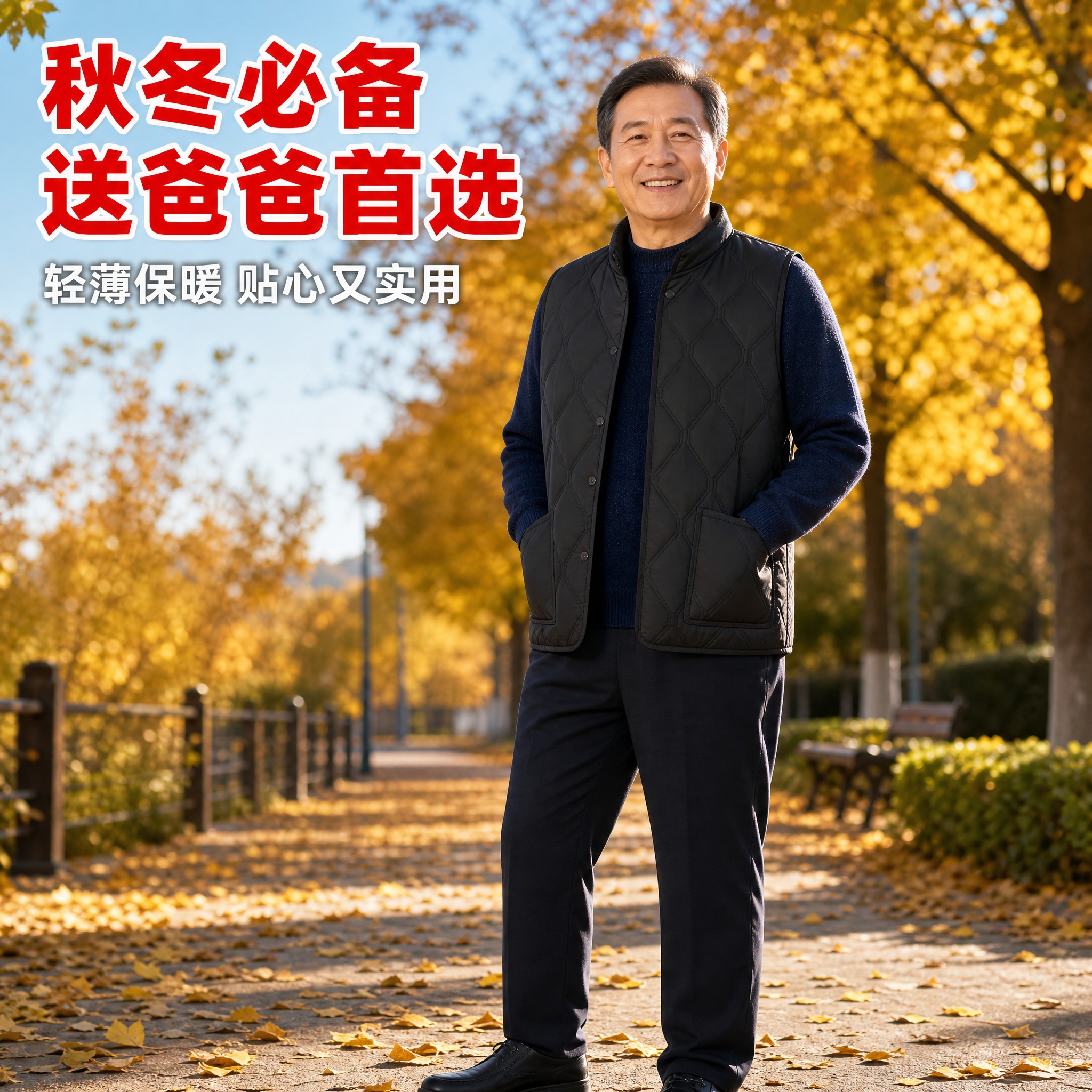 [主图-8] 中老年男士马甲秋冬户外场景图，突出秋冬保暖实穿性… - 图片创意预览