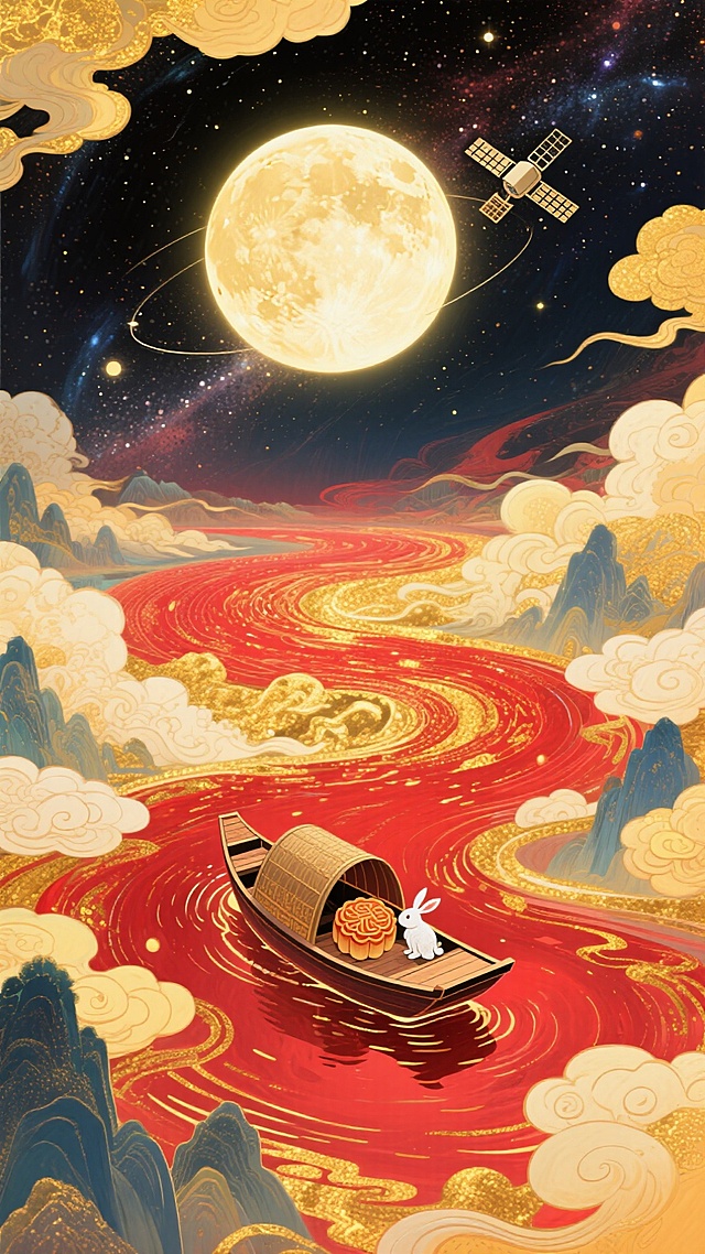 梦幻奇幻风格插画，全景，小船（漂浮在红金色河流上，船上有玉兔和两个月饼 ）居画底部，星空漩涡从小船向四周扩散成漩涡状星空（红金色交织） ，中央巨大的发光满月，卫星，超现实的星空河流世界，梦幻感，色彩以深邃红、暖黄为主，搭配金色点缀