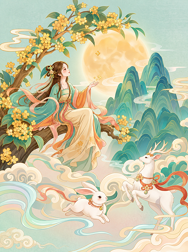 去除右下角LibLibAI水印，在左下角添加点状云，保留原图整体风格和画面内容，保持国潮插画风格