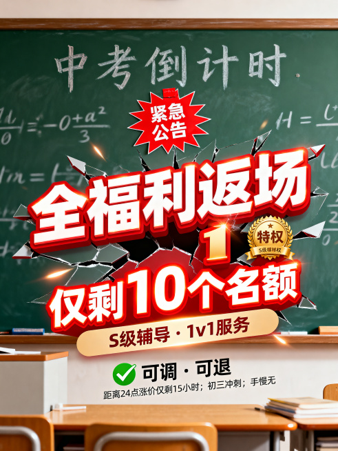 竖屏海报，背景是教室黑板，上面有模糊的数学公式和“中考倒计时”粉笔字，黑板中央贴着一张炸裂样式的红色紧急公告贴纸。主视觉是具有立体感裂开效果的大字“全福利返场 🎁”，还有超大发光红色字体写着“仅剩预览效果