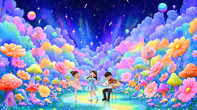 梦幻星空下多彩梦幻花海，点缀少许梦幻蘑菇，花海中间留出中上方空白区域方便打字，花海空地中间，左侧女孩翩翩起舞，中间女孩放声歌唱，右侧男孩坐在椅子上拉小提琴，无水印无文字，超高清，适合六一文艺汇演大屏背景