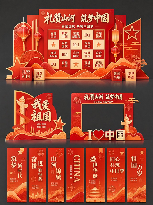 国庆节商场美陈装饰设计图，参考参考图的版式布局结构，全部替换为新的设计元素和文案。画面分为四大板块：顶部主美陈背景墙、中部打卡立牌+拍照相框、底部装饰竖幅挂旗。

主美陈背景墙：中央现代几何红色背景墙，顶部艺术字标题"礼赞山河 筑梦中国"，下方小字"喜迎国庆 共筑中国梦"。中间区域是方格矩阵排列，每个方格内有"喜迎国庆""筑梦中国""奋进新征程""10.1"等节日文字。两侧有国潮风灯笼和五角星装饰立柱。底部是橙红色渐变山峦造型底座，前方有几个立方体装饰块，写有节日祝福语。

打卡立牌：左侧立牌造型，含"我爱祖国"大字和现代国潮纹样装饰。

拍照相框：右侧相框造型，中间留空供人拍照，顶部有节日标题，底部有"I ❤️ 中国"立体字。

装饰竖幅：底部多条红橙渐变竖旗，写有"筑梦新时代""奋进新征程""山河锦绣""CHINA"等祝福语，配五角星烟花装饰。

整体红橙渐变配色，现代国潮风格，年轻活力，商场美陈设计效果图，深灰色背景衬托。版式精美，文字清晰可读。