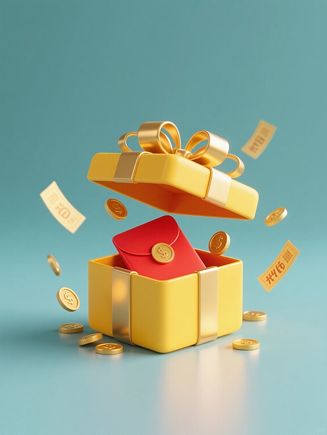 简约现代风格，纯色背景，规整排布的单一元素图案，黄色礼盒带有立体金色蝴蝶结，礼盒内打开的红色红包与散落的金色硬币，周围有飘起的金色优惠券，整体采用明快的红黄渐变色调，光滑的材质表现，柔和的高光与阴影，营造出喜庆促销的氛围，元素布局对称平衡，视觉层级清晰，信息传达直接高效。