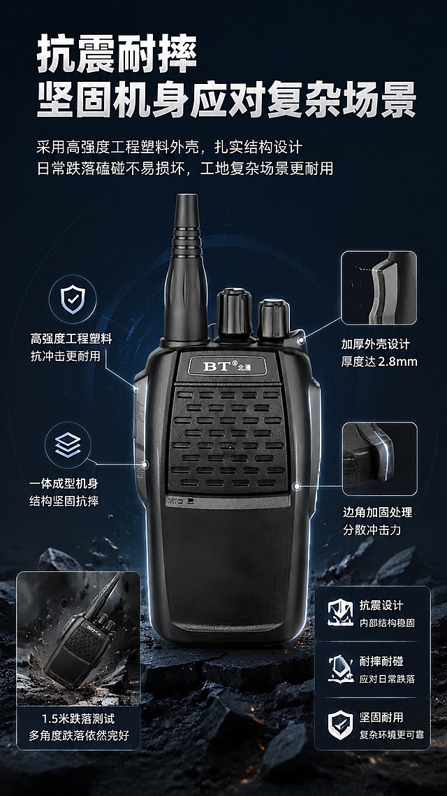 「图片1」，生成详情页，商品名称为北通对讲机，型号是BT-590，标语是北通对讲机，让沟通更轻松。风格为科技感。适配京东平台，单图比例为9:16，需求屏数为8张。产品特点是1.高效接收抗干扰，信号独立接收芯片。2.远距离通讯8W大功率，通话距离为1-5Km，强劲穿透力。3.电池容量为4000mAh,电池耐久。4.抗震耐摔。有广泛的场景应用：酒店/商超，交通运输，小区物业，建筑工地等参数为「图片1」「图片1」