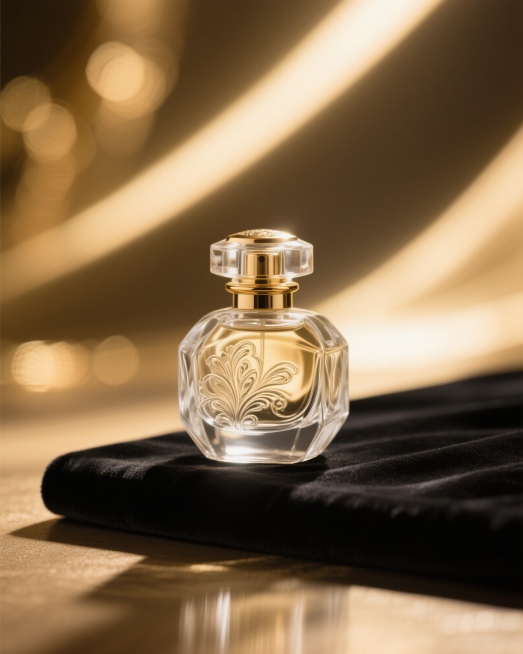 高端香水瓶，透明玻璃材质，瓶身有精致雕花，金色瓶盖，放置在黑色丝绒台面上，背景是模糊的金色光晕，光线从顶部斜射下来，突出瓶身的立体感和光泽感预览效果