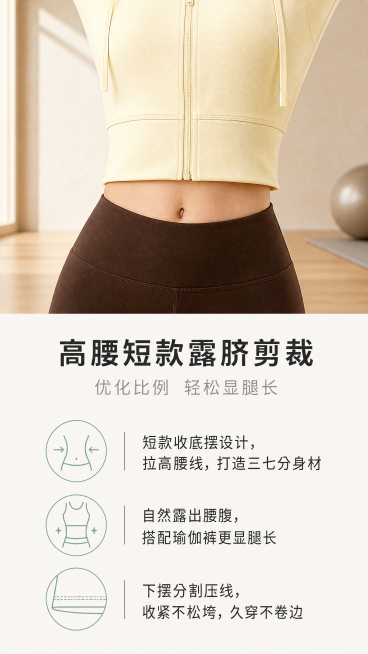 [第3屏] 版型卖点解析屏，讲解高腰短款露脐剪裁优势。
[氛围/风格] 细节展示风，柔和室内运动场景，商业质感，清晰突出剪裁特点。
[元素布局] 画面上半部分用特写展示图1产品腰部剪裁细节，保持奶黄色预览效果