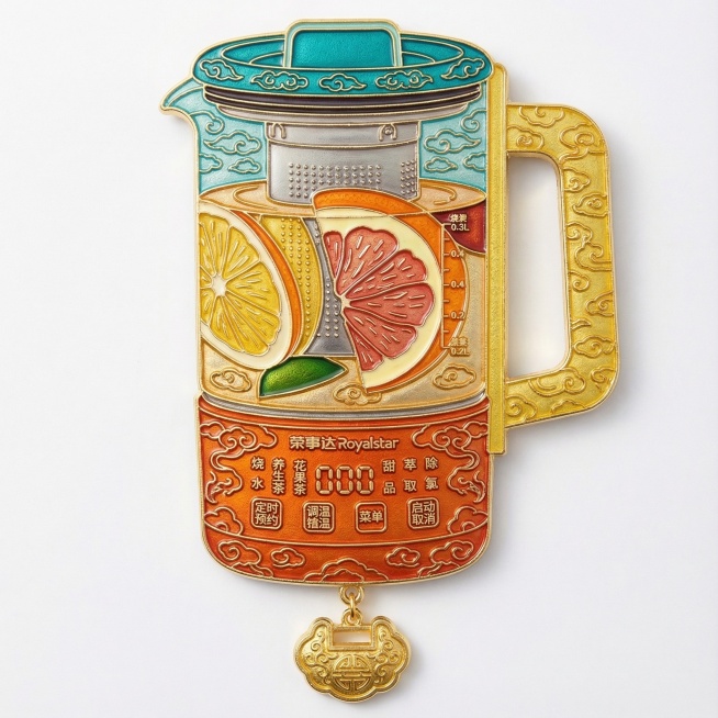 把图示产品，做成4个中国风金属珐琅冰箱贴系列，采用传统景泰蓝工艺，金色勾边，每个冰箱贴均有图示产品，并且有精致花纹装饰和吊坠设计。四个完全不同造型的冰箱贴规整排布在纯色背景上，每个冰箱贴都具有立体浮雕预览效果