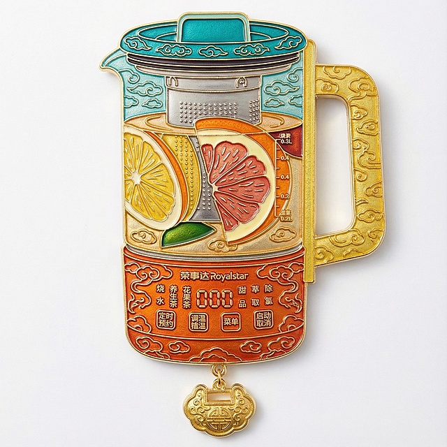 把图示产品，做成4个中国风金属珐琅冰箱贴系列，采用传统景泰蓝工艺，金色勾边，每个冰箱贴均有图示产品，并且有精致花纹装饰和吊坠设计。四个完全不同造型的冰箱贴规整排布在纯色背景上，每个冰箱贴都具有立体浮雕质感，细节丰富，色彩鲜艳，整体风格统一且富有中国传统文化韵味。