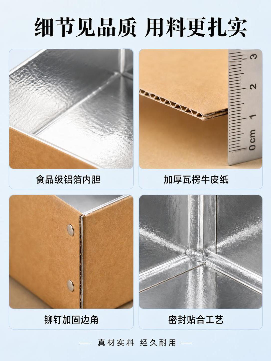 保留原图中所有产品图片（铝箔内胆、瓦楞纸测量、铆钉边角、密封工… - 图片创意预览