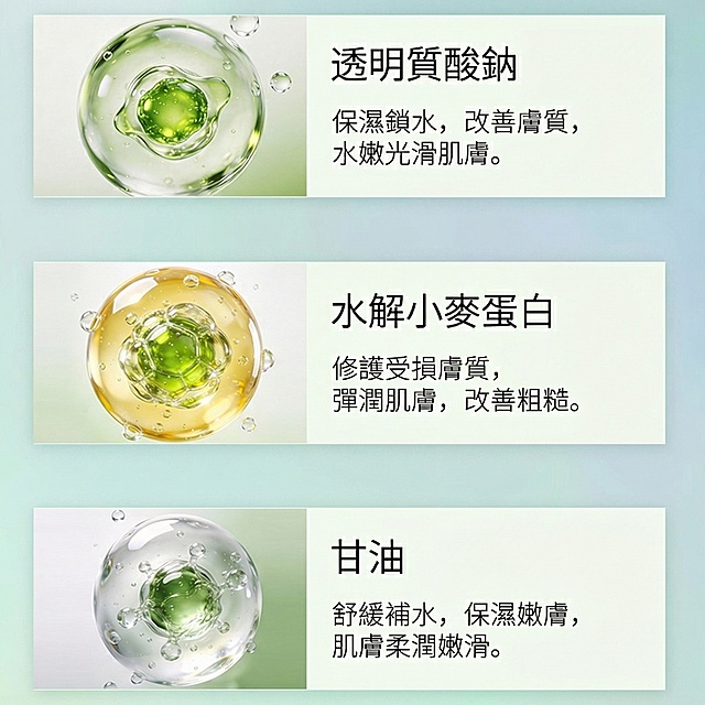 将原图的浅绿色蜂窝纹理背景替换为第二张图的淡蓝绿色渐变背景，保留原图中的三个成分模块（透明质酸钠、水解小麦蛋白、甘油对应的微囊图片、黑色文字说明），所有前景元素的位置、样式、尺寸保持不变，背景替换后自然融合无违和感