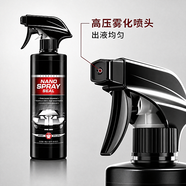 [主图-3] 汽车镀膜剂材质细节展示图，让用户相信品质和安全性。保持黑色喷雾瓶产品外观与输入产品图一致。采用微距特写拍摄产品喷头和瓶身细节，展示精密做工和优质塑料材质，左侧放产品整体，右侧放大喷头出液口，用引线标注说明"高压雾化喷头 出液均匀"。背景为干净浅灰色调，突出产品细节。光影使用侧逆光展示瓶身质感，突出清透高级感。文字简洁标注核心特点，保持清晰可读。比例1:1，4k分辨率，文字清晰可辨，超高清。负向提示词：变形，水印，文字错乱，产品图模糊，背景杂乱。