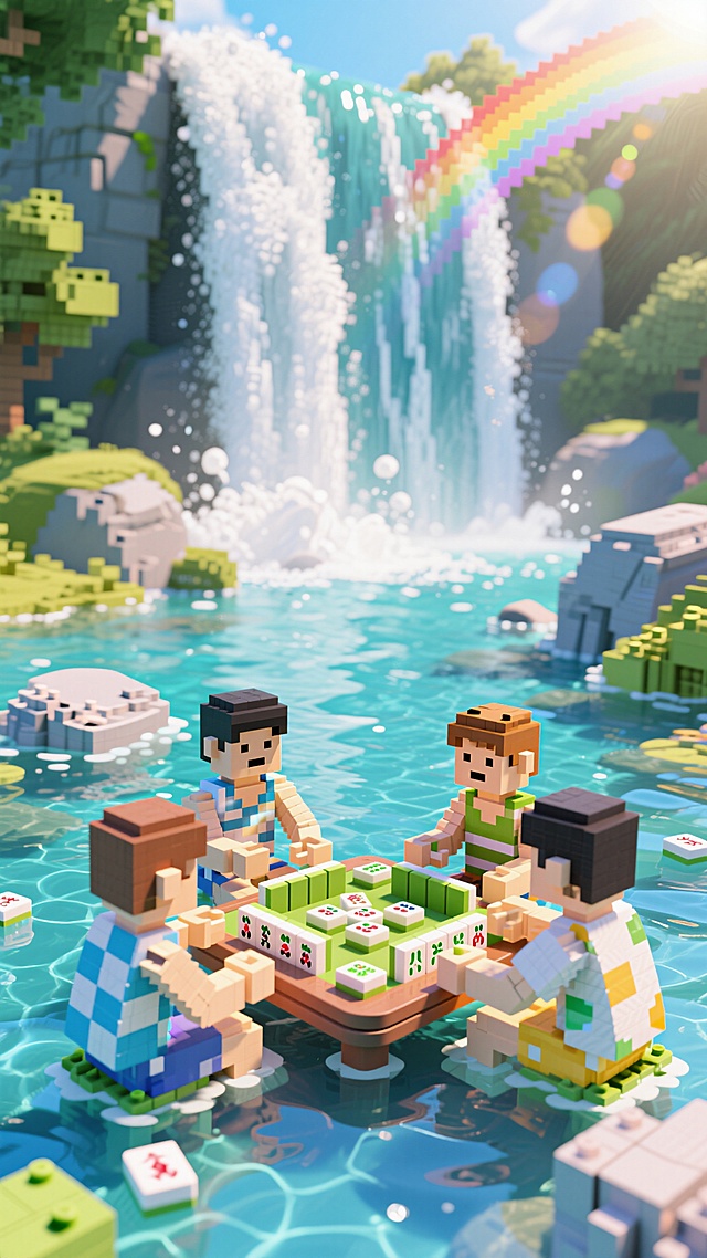 4个人在溪水中打麻将，夏日氛围，背景是瀑布