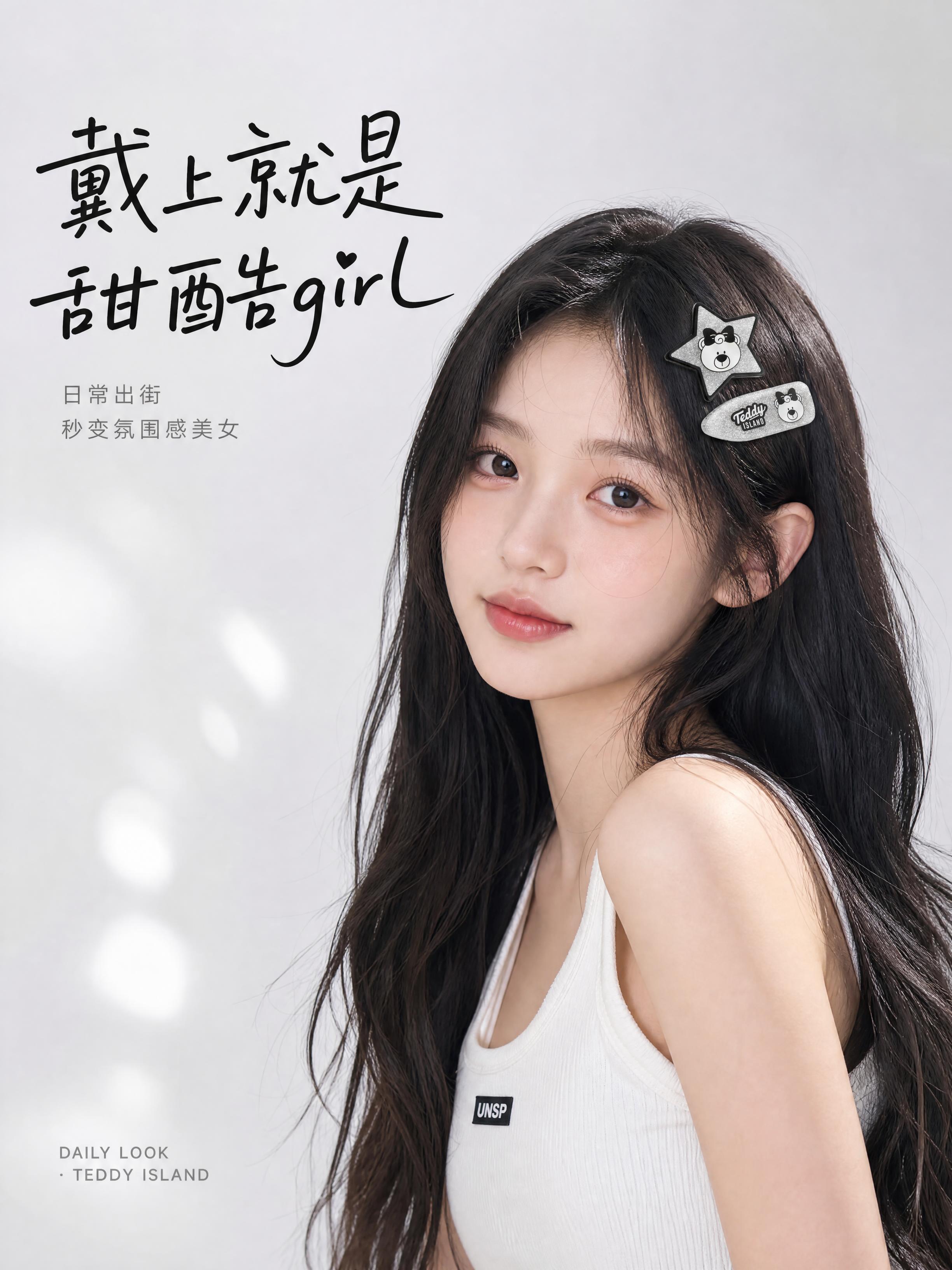 [第5张] 佩戴效果页——少女模特佩戴发夹主造型展示。本张使用… - 图片创意预览