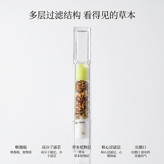 [主图 3] 中草药过滤烟嘴结构细节展示。[氛围风格] 专业清晰产品质感，突出工艺优势。[画质] 商业摄影质感、光线柔和通透、产品清晰真实、画面干净高级。[元素] 单根透明烟嘴纵向居中，微距放大展示产品结构，从吸烟端到过滤端分层展示：透明外壳、植物过滤层、滤芯、出烟端，各层结构清晰可见，可以清楚看到内部的中草药填充颗粒。保持产品外观结构材质与输入产品图一致，杜绝变形色差。主体占比约70%，背景为纯色浅灰，突出产品细节。[光影] 侧逆光打透透明烟嘴，突出透明外壳清透质感和中草药颗粒纹理，明暗对比清晰展示分层结构。[配色] 背景浅灰色，透明主体搭配棕色草本颗粒，色彩干净专业。[视角构图] 平视居中，主体突出，景深较浅突出微观细节。[文字版式] 顶部主标题「多层过滤结构 看得见的草本」，底部标注各层名称和作用，文字纤细不遮挡细节。[比例分辨率] 1:1 比例，2k 分辨率；文字清晰锐利，画面超高清。[负向提示词] 变形，水印，文字错乱，产品图模糊，背景杂乱。