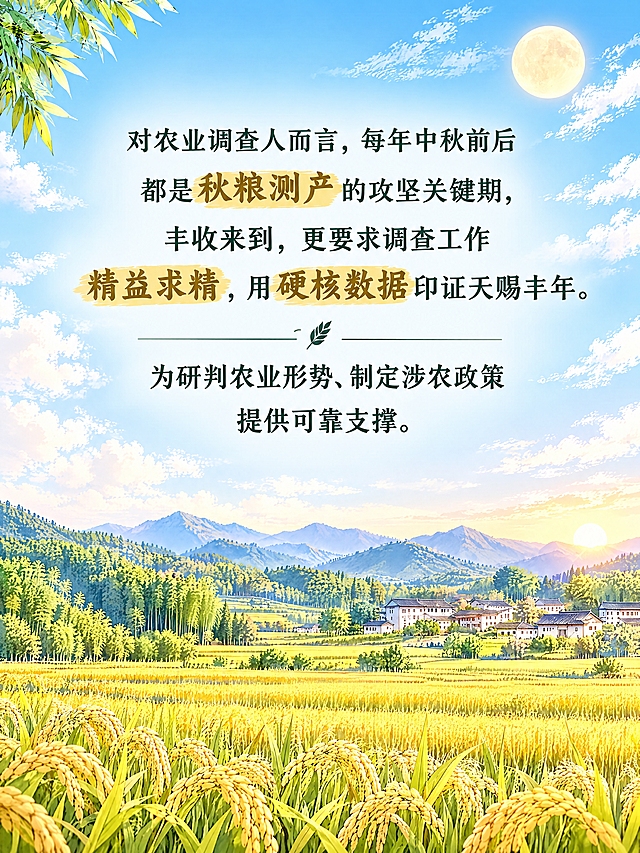 竖版长图过渡页，明亮秋日场景：上半部分以浅色渐变天空为主，配少量白云和远处淡淡的圆月，下半部分是一幅金黄色的成熟稻田风景（无任何人物），远山、翠竹和村落点缀，光线明亮通透，漫画插画风格，自然朴实。

上半部分排版完整文字（深墨绿色正常字体，比常规稍大一号，手机预览清晰，居中，段落分明）：

'对农业调查人而言，每年中秋前后都是秋粮测产的攻坚关键期，丰收来到，更要求调查工作精益求精，用硬核数据印证天赐丰年。'

'为研判农业形势、制定涉农政策提供可靠支撑。'

关键短语'秋粮测产'、'精益求精'、'硬核数据'用低调的深金色标注即可，不浮夸。

下半部分只保留稻田风景，不要出现人物，画面约占整图的一半高度，与上半部分自然衔接，整体简洁留白舒适，与中秋丰收系列衔接。文字准确无错字，全部内容完整呈现。