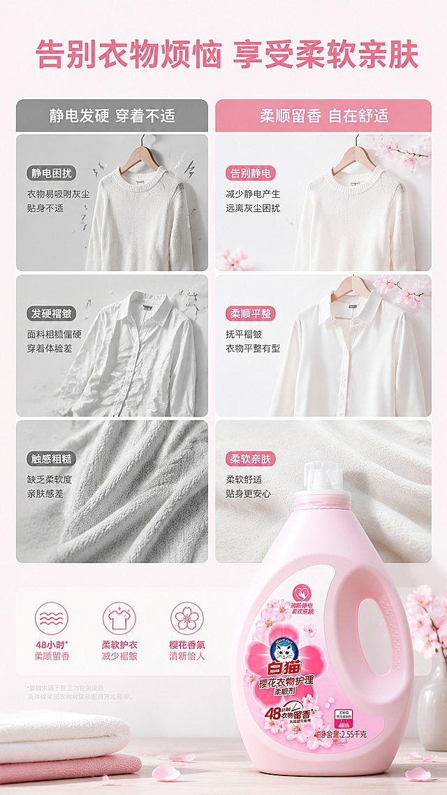 [第2屏] 痛点解决对比屏，展示白猫樱花衣物护理柔顺剂使用前后对比，本屏使用【图1】作为产品主体。
[氛围/风格] 干净写实，对比清晰，高端简约风格。
[元素布局] 左右分栏对比布局，左侧展示衣物静电、发硬褶皱痛点场景，右侧展示使用后衣物平整柔软效果，产品主体放置于画面底部偏右，占比约40%，不遮挡对比内容。
[光影质感] 均匀柔光，左右光线一致，对比清晰，阴影自然。
[配色色系] 全局底色 #F8F2F4，主色浅粉色，对比区域使用浅灰和白色背景区分。
[视角构图] 左右分屏对比，横向阅读动线，产品稳定放置于底部。
[文字版式] 顶部主标题「告别衣物烦恼 享受柔软亲肤」，左侧标题「静电发硬 穿着不适」，右侧标题「柔顺留香 自在舒适」，文字分区展示，清晰可读，不遮挡对比场景。
[比例分辨率] 9:16 竖版比例，4K分辨率，文字清晰可辨，高清画质。
[负向提示词] 产品变形，包装文字错乱，颜色偏差，对比模糊，文字杂乱，水印。