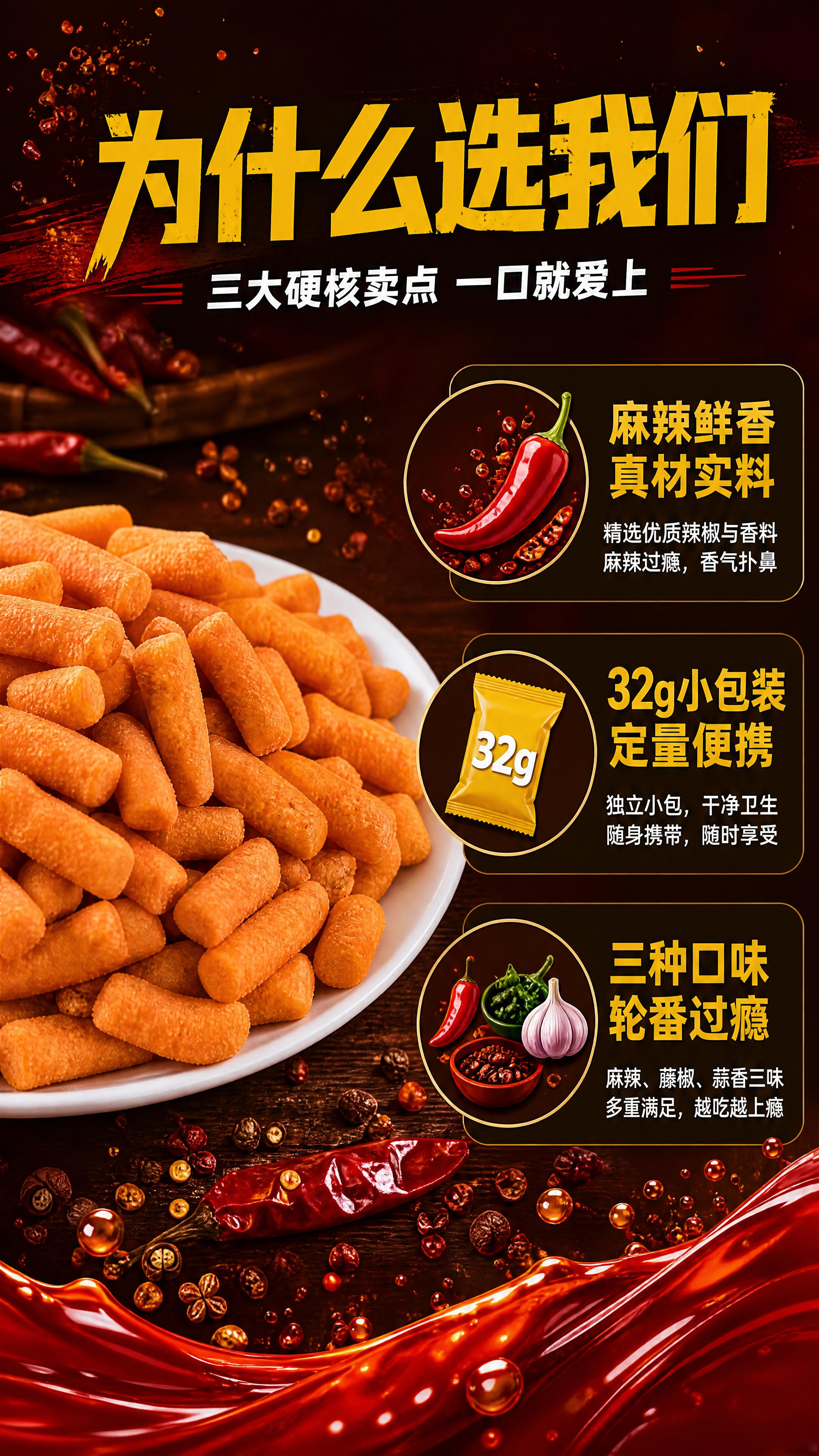 [第2张] 核心卖点总览页-麻辣鲜香三大卖点拆解。本张使用【图… - 图片创意预览