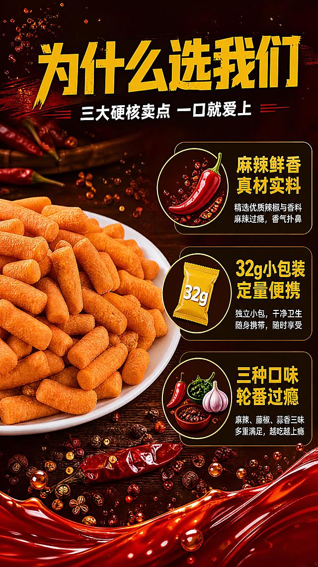 [第2张] 核心卖点总览页-麻辣鲜香三大卖点拆解。本张使用【图2】作为脆条实物主体。
[氛围/风格] 重色系麻辣风，暗调红棕底色，商业摄影质感，卖点清晰有力。
[元素布局] 画面左侧放置一盘金黄酥脆的脆条实物，占比约45%；右侧分三栏纵向排列三大卖点图标区；背景深红褐色，点缀辣椒碎、花椒粒、油星飞溅元素；底部有香辣红油流动感装饰条。
[光影质感] 左侧暖光打亮脆条盘，右侧卖点区均匀照明，整体明暗对比强烈，突出主体和信息。
[配色色系] 全局底色 #3B0A0A 深红褐色；主色辣椒红 #C8102E、金黄 #F5A623；辅助色白色文字、深棕图标底。
[视角构图] 左图右文布局，正面平视，阅读动线从左上主标题→左侧产品→右侧三卖点自上而下。
[文字版式] 顶部主标题「为什么选我们」粗黑体亮黄色；副标题「三大硬核卖点 一口就爱上」白色小字；右侧三卖点分别配图标：①辣椒图标+「麻辣鲜香 真材实料」②小袋图标+「32g小包装 定量便携」③三口味图标+「三种口味 轮番过瘾」；每个卖点短标题+一行说明；全套沿用粗黑体标题字形，字色亮黄+白色。
[比例分辨率] 9:16竖版比例，4K分辨率，文字清晰可辨，高清画质。
[负向提示词] 产品变形，颜色偏差，水印，文字错乱，文字过小，背景杂乱，结构错误。