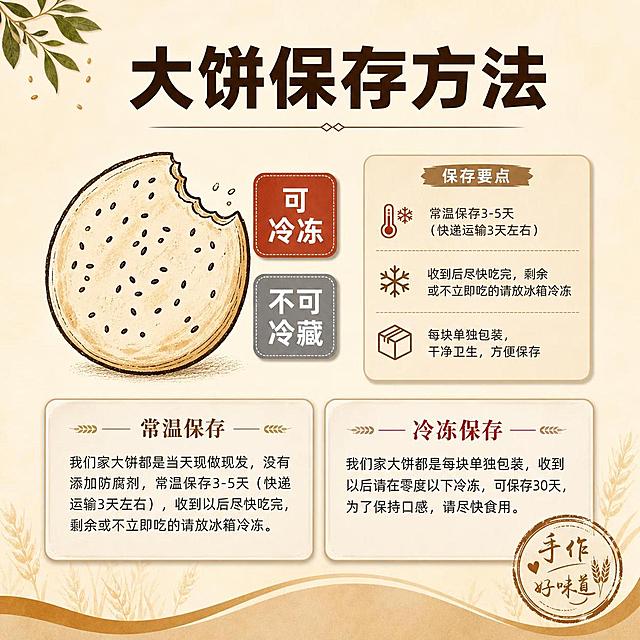 基于参考图重新设计一张大饼保存方法说明主图，整体信息接近但版式和视觉完全不同，不能是同一张图。

[画面主体] 画面中央偏左位置放一个被咬了一口的圆形芝麻大饼插画，芝麻颗粒的数量、分布、大小与原图有明显差异（纹理稍作修改），饼的角度略微倾斜调整，不是原图的正圆角度。饼的风格为简约手绘线条风，深棕描边，米白底。

[构图版式] 采用左图右文上下分区的全新版式，不是原图的上图下文加虚线框结构。顶部是大标题区，中部左侧是大饼插画+两个印章式标识，右侧是保存要点卡片，底部是两条保存说明文字。整体不用虚线外框，改用圆角卡片+色块分区的全新布局。

[背景设计] 背景与原图有较大差异：不用纯白色背景，改用暖米色渐变底色，底部有淡淡的小麦穗纹理和浅棕色波浪形装饰条，左上角有几片小芝麻叶装饰，右下角有一个圆形的手作印章图案。整体温馨手作感，背景层次比原图丰富很多。

[文案内容（全部保留不变）] 
主标题："大饼保存方法"
可 -- 冷冻
不可 -- 冷藏
常温保存，我们家大饼都是当天现做现发，没有添加防腐剂，常温保存3-5天（快递运输3天左右），收到以后尽快吃完，剩余或不立即吃的请放冰箱冷冻。
冷冻保存，我们家大饼都是每块单独包装，收到以后请在零度以下冷冻，可保存30天，为了保持口感，请尽快食用。

[文字排版（全新排版，与原图不同）] 
顶部主标题"大饼保存方法"用粗黑体深棕色，居中偏上，字号大，下方加一条细横线装饰。
"可冷冻"和"不可冷藏"两个标识不用原图的左右排列，改为上下叠放在大饼插画的右侧，做成两个圆角小卡片：红色圆角卡片写"可 冷冻"，灰色圆角卡片写"不可 冷藏"，卡片有轻微阴影，竖向排列。
底部两段保存说明文字分别放在两个独立的浅米色圆角卡片内，左右并排分布：左边卡片标题"常温保存"用棕色字，正文深灰色；右边卡片标题"冷冻保存"用红棕色字，正文深灰色。卡片有细微边框和阴影，形成信息分区。

[配色] 主色调暖米白+深棕，辅助色砖红色（用于可冷冻标识和冷冻保存标题），点缀色浅卡其。整体温暖手作感。

[输出要求] 800*800像素，1:1正方形，文字清晰可辨，所有文字内容与原文完全一致不得修改，版式布局与原图明显不同，产品纹理有差异，背景有较大差异，整体风格统一协调。

[负向提示词] 与原图完全相同，虚线外框，文字错误，文字模糊，水印，电商平台Logo，变形，画面杂乱。