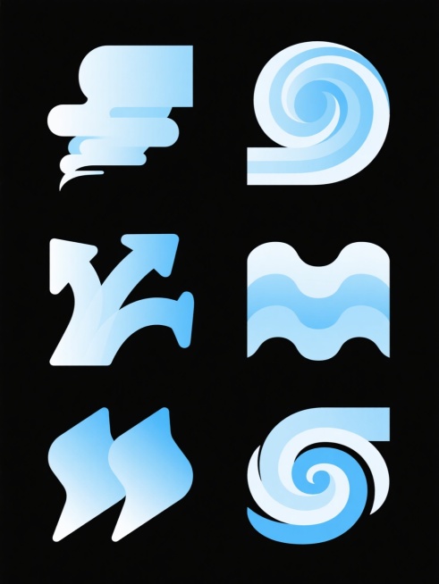 白色纯色背景，6个不同的蓝色气流图标元素规整排布的系列素材集合，每个图标都具有平滑的曲线和箭头形状，采用统一的浅蓝色渐变色调，保持简洁现代的设计风格，图标之间留有均匀的间距，整体呈现出整齐有序的视觉效果，每个气流图标都有独特的流动形态和方向组合，包括向上汇聚的气流、旋转上升的气流、分叉流动的气流、波浪形流动的气流、对称分布的气流以及螺旋状上升的气流。预览效果