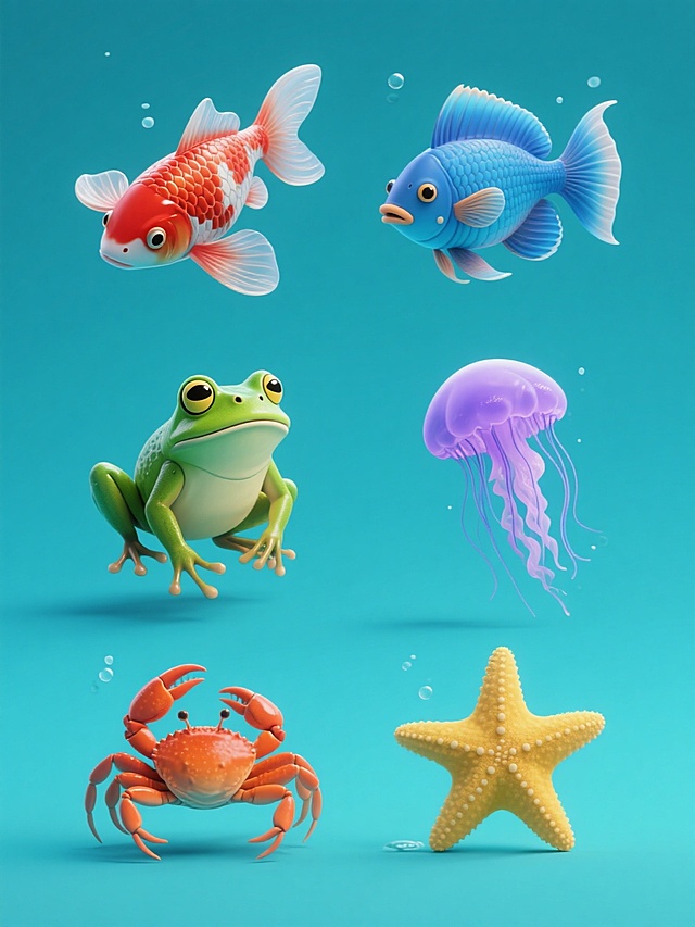 一套6个完全不同水生生物的系列素材集合，每个生物均保持超写实3D渲染风格，拥有细腻的鳞片纹理、半透明的鳍部质感和自然的游动姿态，分别呈现为红色锦鲤、蓝色斗鱼、绿色青蛙、紫色水母、橙色螃蟹和黄色海星，每个元素独立置于纯色背景上，整体画面色彩统一变换为清新海洋色调，所有元素规整排布成2行3列的网格布局，保持一致的光影处理和细节精度。