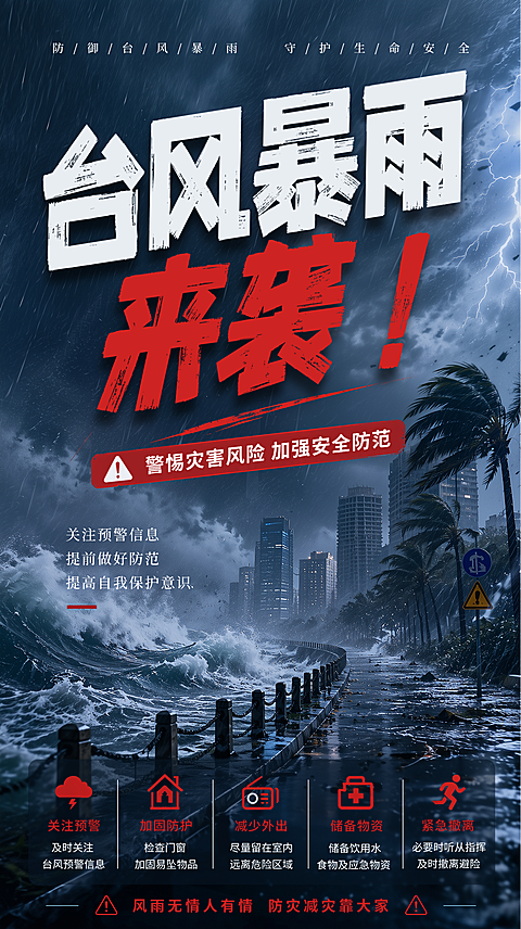 台风暴雨恶劣天气出行安全预警微信朋友圈小红书宣传海报
