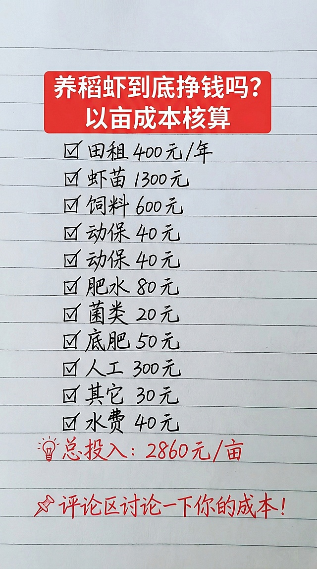 养稻虾到底挣钱吗？
以亩成本核算
✅ 田租 400 元 / 年
✅ 虾苗 1300 元
✅ 饲料 600 元
✅ 动保 40 元
✅ 动保 40 元
✅ 肥水 80 元
✅ 菌类 20 元
✅ 底肥 50 元
✅ 人工 300 元
✅ 其它 30 元
✅ 水费 40 元
💡 总投入：2860 元 / 亩 📌
评论区讨论一下你的成本！
严格按照图片字体和颜色，用上面内容替换生成新的内容，要求排版布局合理，一字不差。