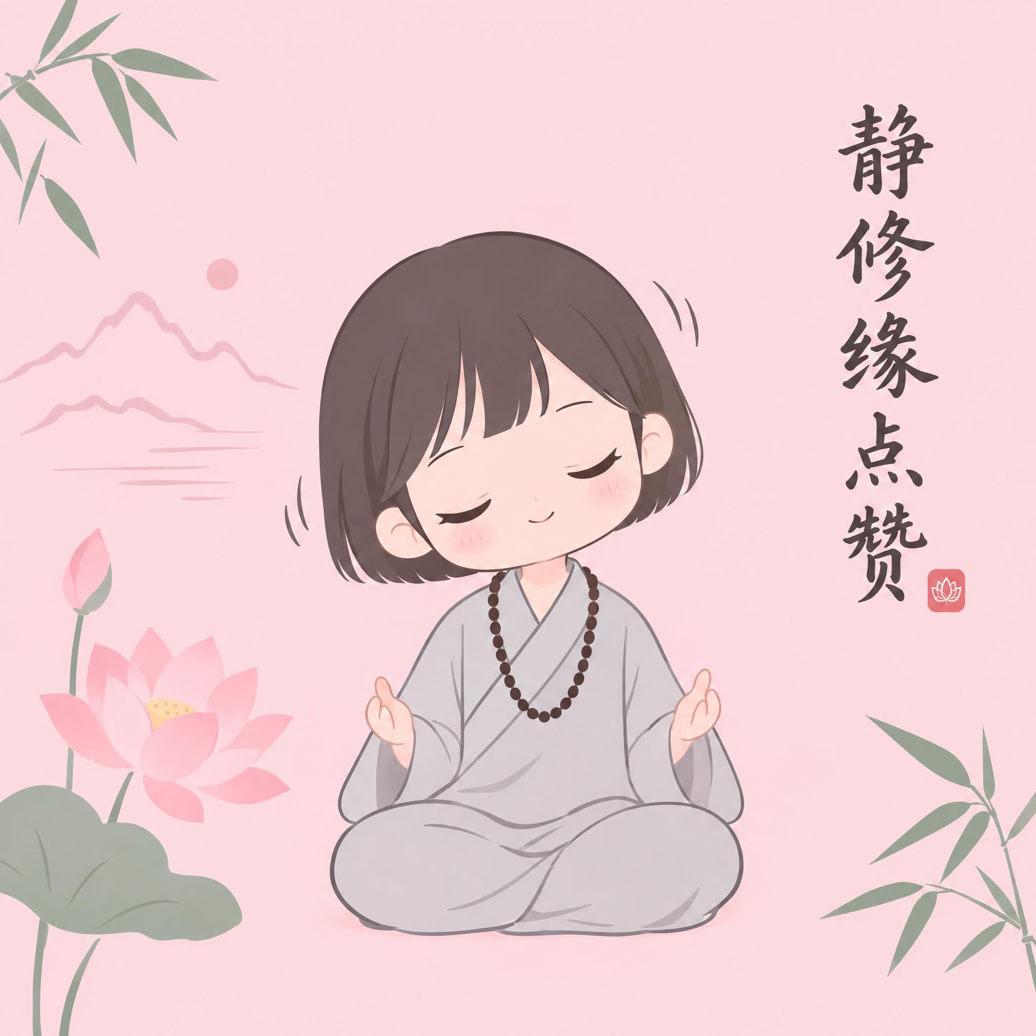 禅意风格Q版表情包第6帧，女版小尼姑，齐耳短发，穿浅灰色僧袍，… - 图片创意预览