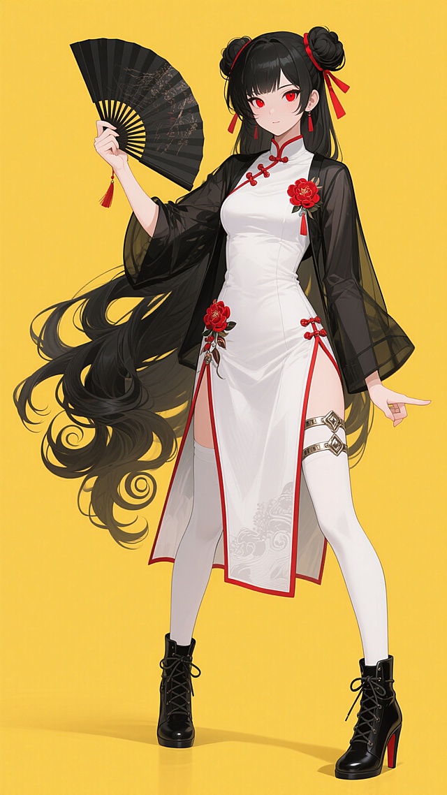 动漫风格少女立绘，纯黄色背景，黑发双丸子头配红色发带，垂落的长卷发末端呈螺旋状，红色眼瞳，表情冷峻，身着白色改良旗袍边缘有红色镶边，外罩黑色半透明开衫，左襟别着红色花朵装饰，右手持黑色折扇，左手向前伸出指向侧面，大腿处有金属装饰腿环，穿着过膝白色长筒袜和黑色系带高跟短靴，整体线条流畅，色彩鲜明，人物姿态优雅自信，具有鲜明的二次元美学特征。
