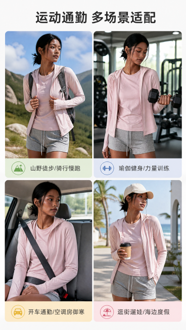 [第6屏] 多场景穿搭展示-冰感防晒开衫多场景适配效果。
[氛围/风格] 生活化氛围感，四个场景分屏展示，清新自然，代入感强。
[元素布局] 整屏分成四个场景小模块，从上到下依次展示：专业户外运动、健预览效果