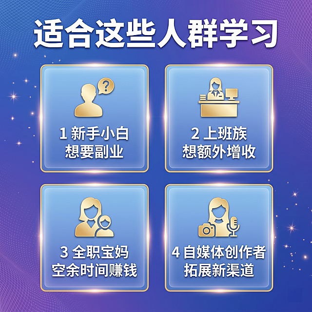 [主图 5] 网盘拉新课程适合人群图，氛围风格：科技蓝紫色渐变简约商务风，带有星光闪光点缀；画质：商业设计质感，文字清晰可辨，画面干净高级，超高清；元素：蓝紫色渐变背景带细网格和微光点粒子，顶部是加粗白色大标题"适合这些人群学习"，下方2×2排列四个模块卡片，分别写着：1 新手小白 想要副业；2 上班族 想额外增收；3 全职宝妈 空余时间赚钱；4 自媒体创作者 拓展新渠道；每个模块卡片都配金色图标装饰，整体排版规整，画面满屏无边框；光影：均匀主光，金色图标高光点缀，通透有层次；配色：主色调蓝紫渐变，文字白色，模块卡片浅蓝半透明，图标金色；视角构图：标题在上，模块矩阵排列；文字版式：标题大而加粗居中，模块内文字清晰对比分明；比例分辨率：1:1比例，2k分辨率；负向提示词：变形，水印，文字错乱，违禁词语，绝对化用语，背景杂乱