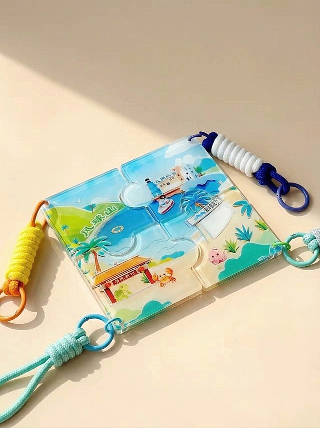 将四块拼图冰箱贴改为平放在桌面的状态，背景为干净的浅米色桌面，柔和侧光，保持通透质感，为电商产品图风格无文字