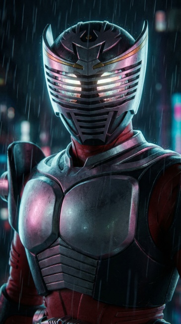 雨夜中铠甲勇士炎龙侠的近景，眼部镜面泛着漫反射光，通体PBR材质渲染，喷涂金属装甲带有清漆层，具备真实clearcoat反射和准确的菲涅尔效果，左右装甲面板有符合物理逻辑的不均匀粗糙度变化，面板之间存预览效果