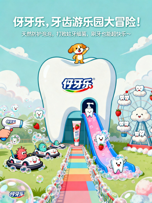 画面主体是一座巨型卡通牙齿造型的游乐园大门，大门上方印有伢牙乐彩色LOGO，搭配品牌IP旺财小狗站在门顶挥手，传递活力感。大门下方延伸出一条彩色步道，步道两侧是被牙膏泡泡包裹的防护栏，泡泡里藏着小牙齿预览效果