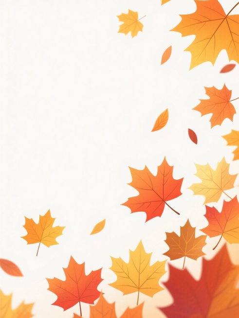 数字插画风格，白色背景，右上角和底部边缘布满飘落的枫叶，枫叶呈现橙黄色、金黄色和橙红色的渐变色彩，叶片边缘清晰，有明显的叶脉纹理，部分枫叶正从上方缓缓飘落，营造出秋天的氛围，整体构图简洁明快，色彩鲜明和谐。预览效果