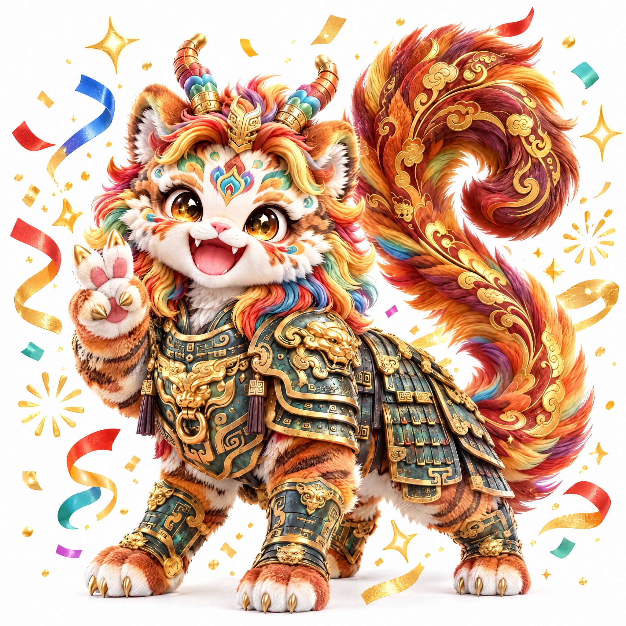 参考图中的五彩虎形小神兽（彩色鬃毛、双角、青铜金色铠甲、金色云… - 图片创意预览