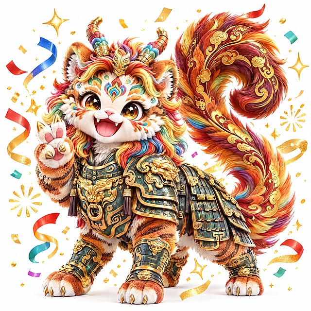 参考图中的五彩虎形小神兽（彩色鬃毛、双角、青铜金色铠甲、金色云纹大尾巴、虎纹毛发），保持角色外观特征完全一致，做出胜利的表情，一只爪子比出V字胜利手势，开心地笑着，周围有金色星星和庆祝彩带特效，Q版可爱国潮风格，3D毛绒质感，纯白背景