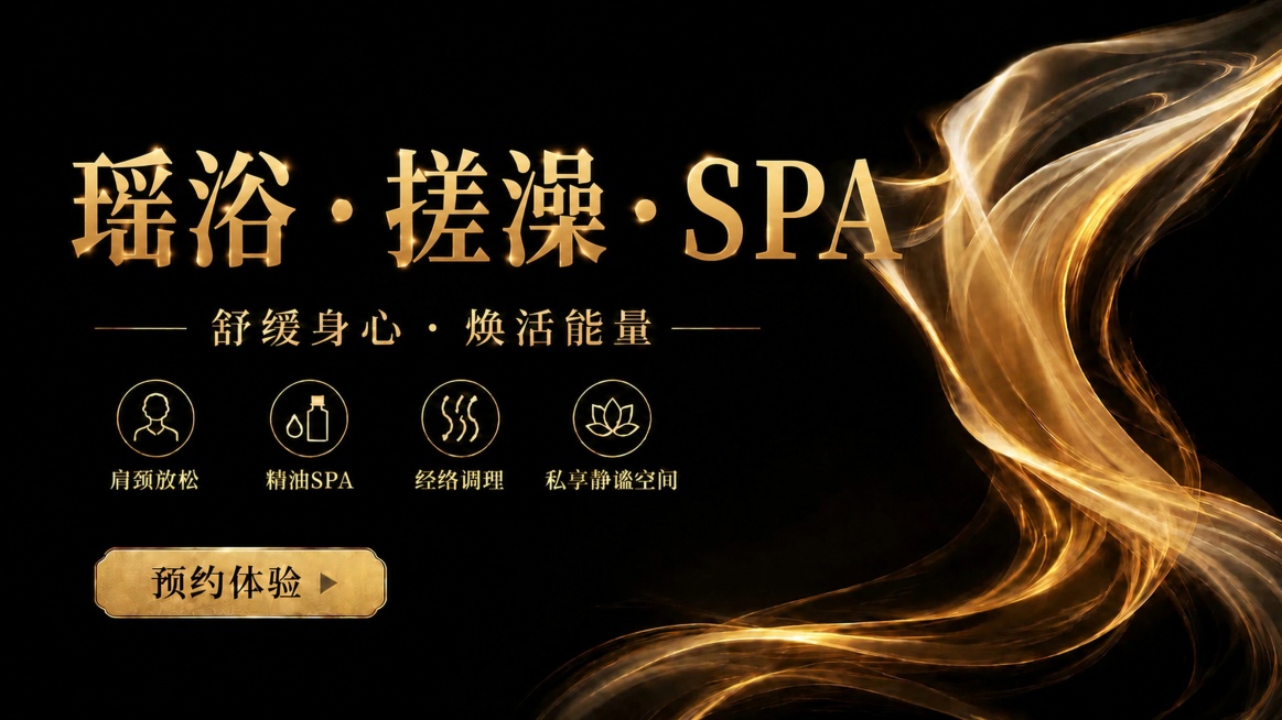 基于原图，保留背景、副标题、四个卖点、预约体验按钮排版和风格完全不变，仅将主标题“私享静谧空间”更换为“瑶浴·搓澡·SPA”，保持字体风格、鎏金色、大小、居中位置都不变，中间用分隔点隔开，文字清晰可读预览效果